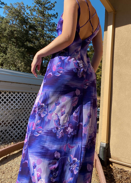 90's Purple Floral Print Maxi Dress (M)
