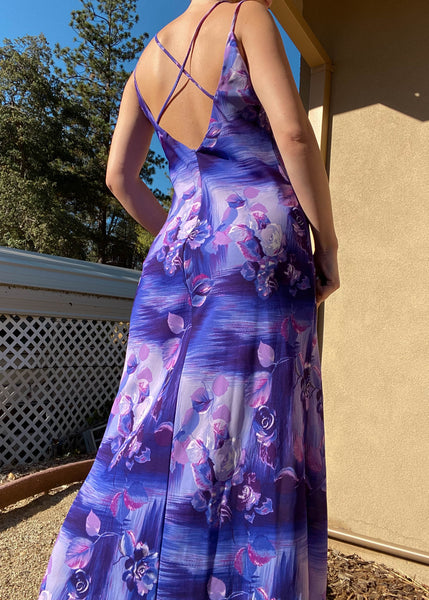 90's Purple Floral Print Maxi Dress (M)