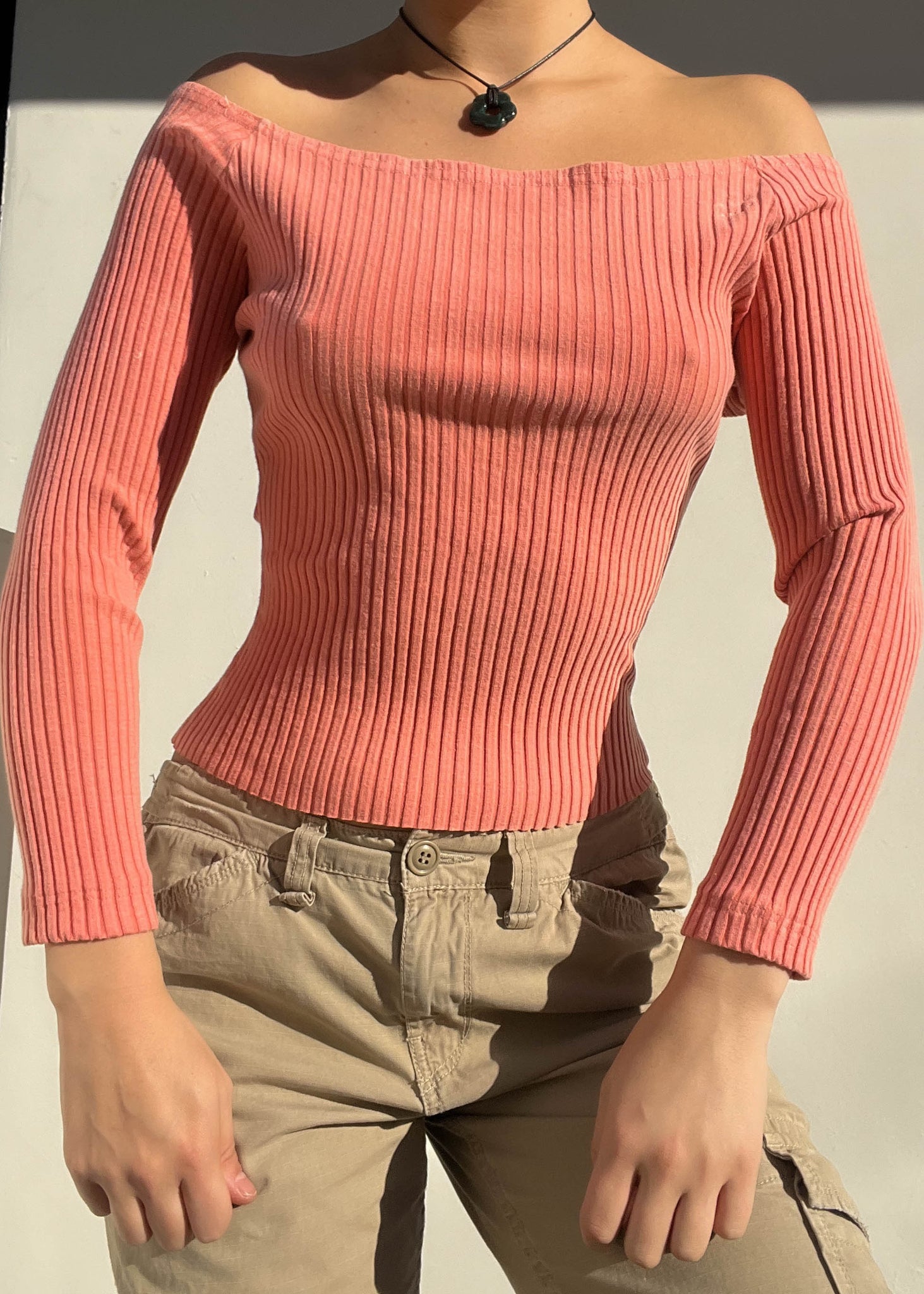 Ribbed Peach Off-the-Shoulder Top (M)