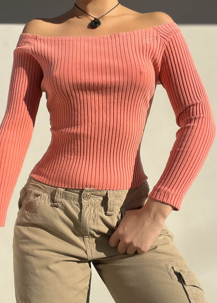 Ribbed Peach Off-the-Shoulder Top (M)