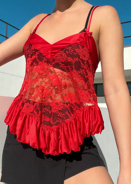 80's Red Lace Lingerie Top (M)