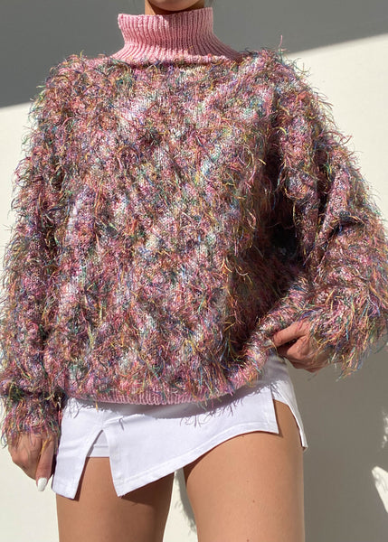 80's Pink and Rainbow Fuzzy Sweater (M)