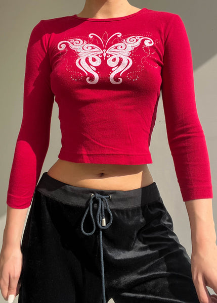 Y2k Red Butterfly 3/4 Sleeve (S)