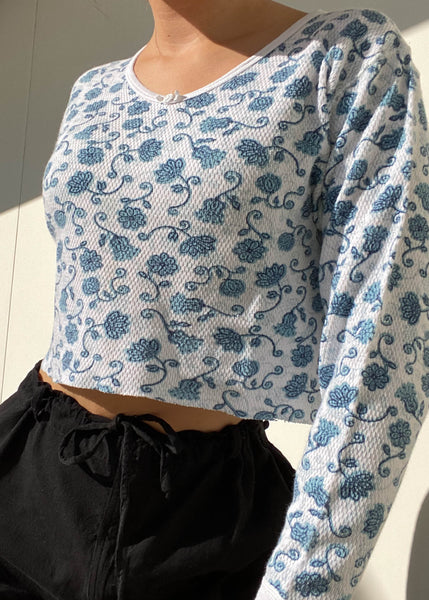 80's Floral Blue & White Thermal (S)