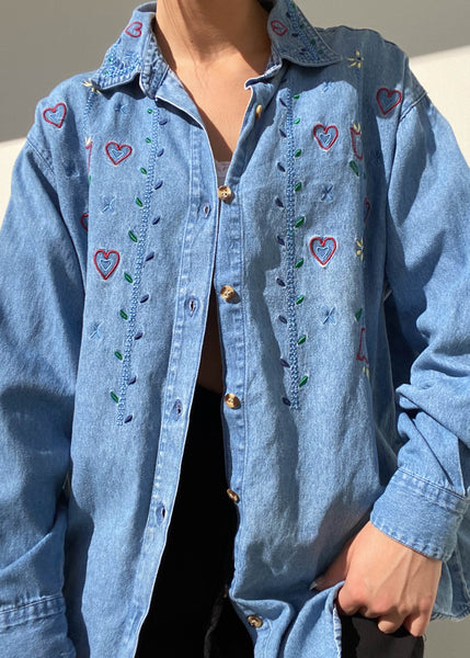 Tulips n Daisies Embroidered Denim Button Down (L)