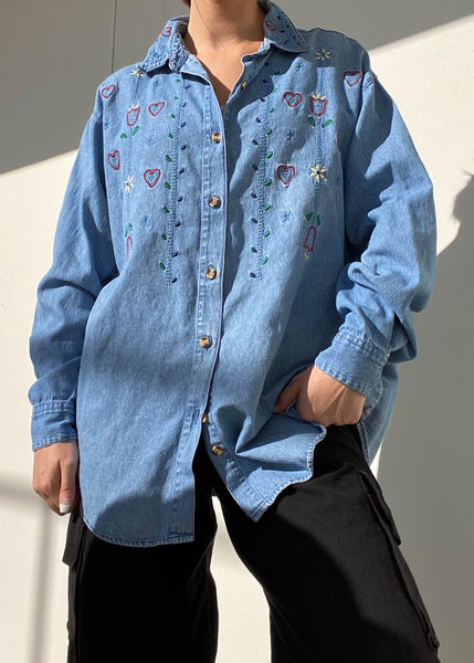 Tulips n Daisies Embroidered Denim Button Down (L)