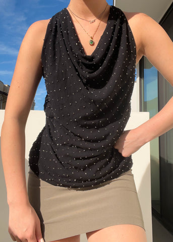 Y2k Rhinestone Cowl Neck Tank (S)