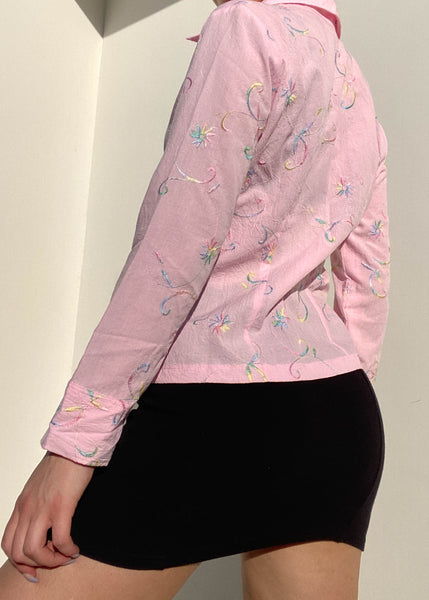 90's Pink Rainbow Floral Embroidered Top (S)
