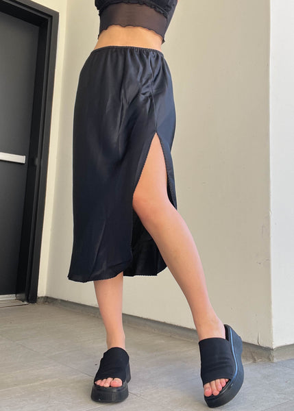 80's Black Silky Slit Skirt (S-L)