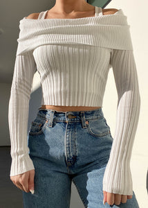 White Ribbed Off the Shoulder Knit (M)