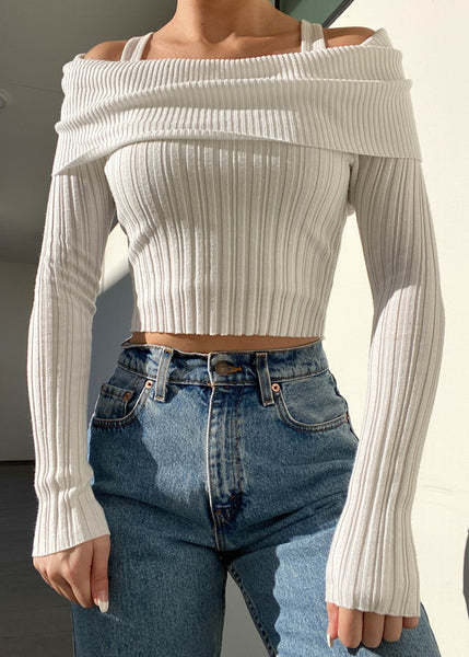 White Ribbed Off the Shoulder Knit (M)