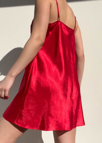 80's Red Silky Slip Dress (M)
