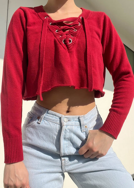Y2k Red Lace Up Sweater (S)