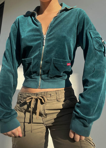 Y2k Hard Tail Teal Velour Cargo Jacket (S)