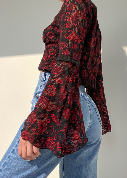 Y2k Red and Black Lace Bell Sleeve (M)