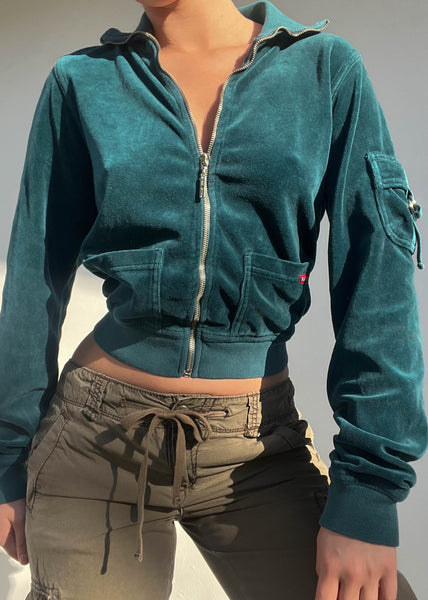 Y2k Hard Tail Teal Velour Cargo Jacket (S)