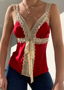 Silky Red & Beige Lace Trim Camisole (S)