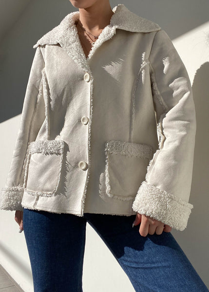 90's Cream Faux Suede & Sherpa Jacket (M)