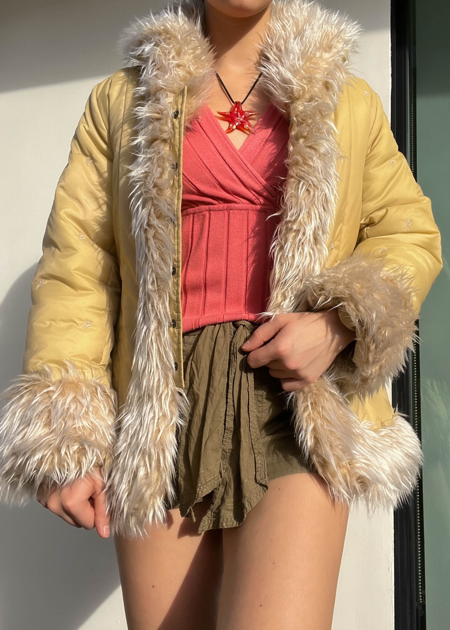 Pastel Yellow Fur Trim Jacket (S)