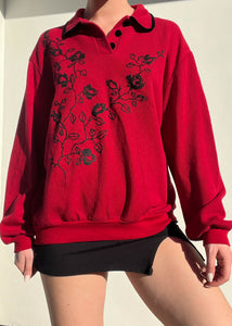 80's Red & Black Floral Pullover (M)