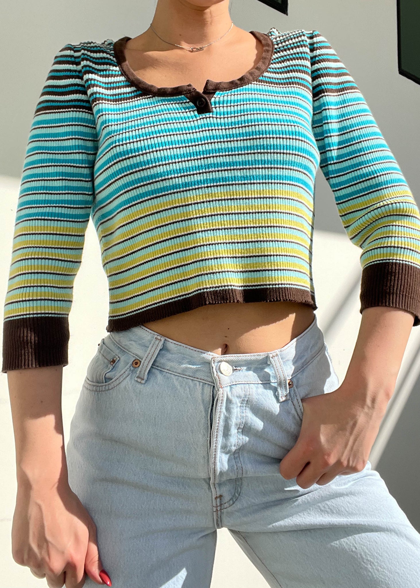 90's Striped 3/4 Sleeve Knit (S-M)