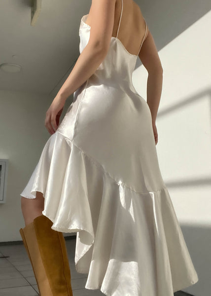 80's White Silky & Lace Slip Dress (M)