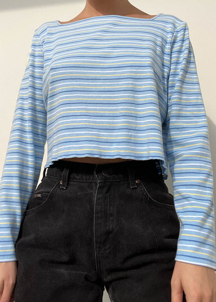 Y2k Baby Blue and Yellow Striped Long Sleeve (S-M)